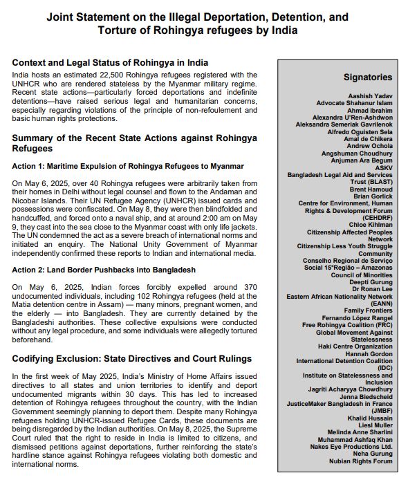 NFA Endorses Joint Statement Condemning the Illegal Deportation, Detention, and Torture of Rohingya Refugees by India