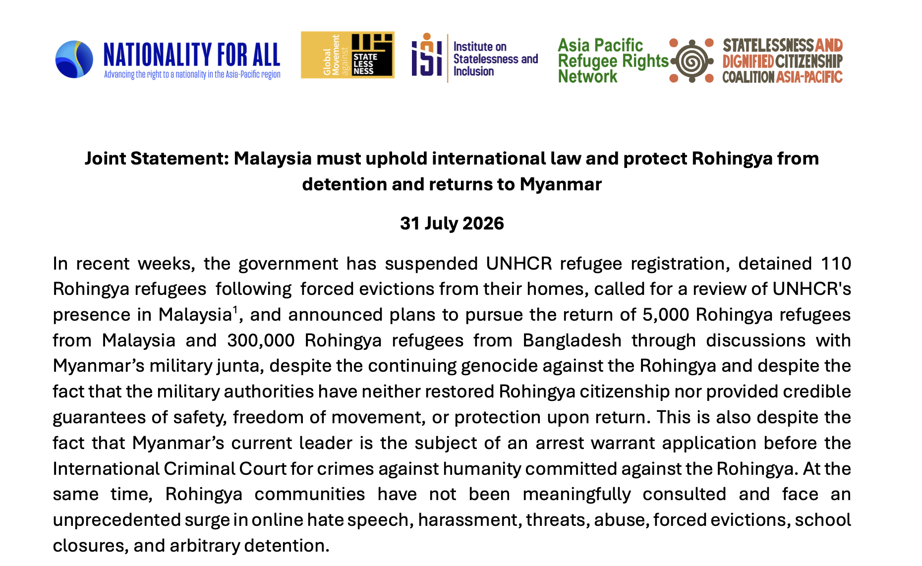 Joint Statement: Malaysia must uphold international law and protect Rohingya from detention and returns to Myanmar